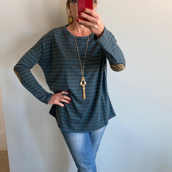 Stripes & Sequin Elbow Patch Tunic Top - Picture 3 of 9